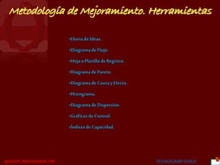 BGC
gestion.deprocesos.net TECNOCAMP.CHILE 30
•Lluvia de Ideas.
•Diagramade Flujo.
•Hojao Planilla deRegistro.
•Diagramade Pareto.
•Diagramade CausayEfecto.
•Histograma.
•Diagramade Dispersión.
•Gráficosde Control.
•Índices deCapacidad.
Metodología de Mejoramiento. Herramientas
 