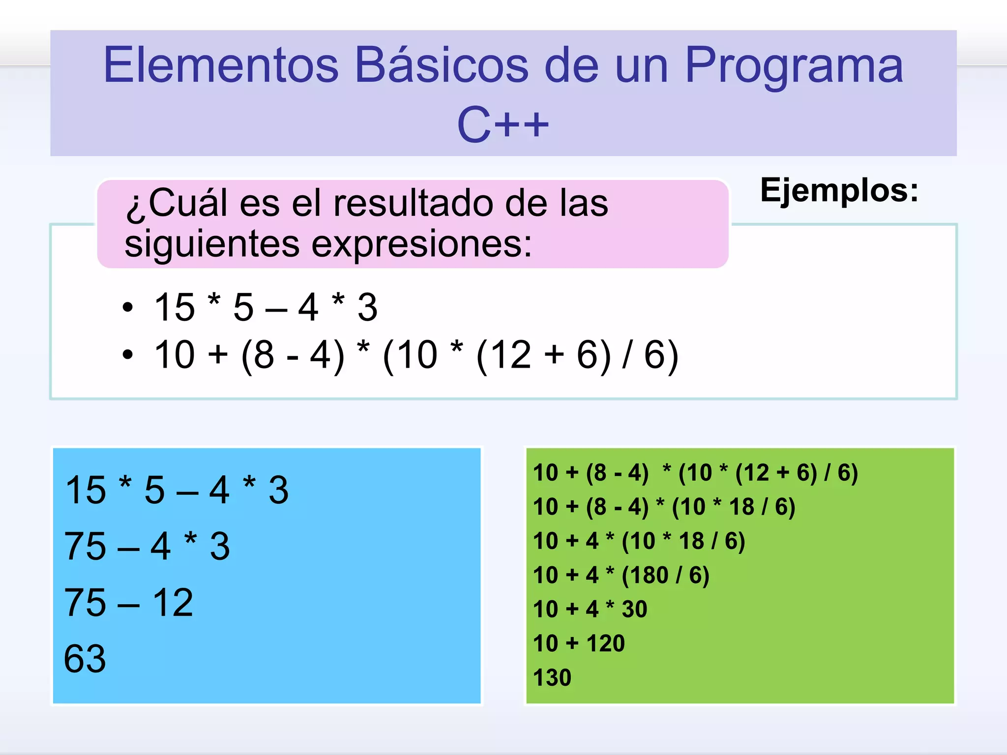 Elementos Básicos de un Programa
C++
• 15 * 5 – 4 * 3
• 10 + (8 - 4) * (10 * (12 + 6) / 6)
¿Cuál es el resultado de las
siguientes expresiones:
15 * 5 – 4 * 3
75 – 4 * 3
75 – 12
63
10 + (8 - 4) * (10 * (12 + 6) / 6)
10 + (8 - 4) * (10 * 18 / 6)
10 + 4 * (10 * 18 / 6)
10 + 4 * (180 / 6)
10 + 4 * 30
10 + 120
130
Ejemplos:
 
