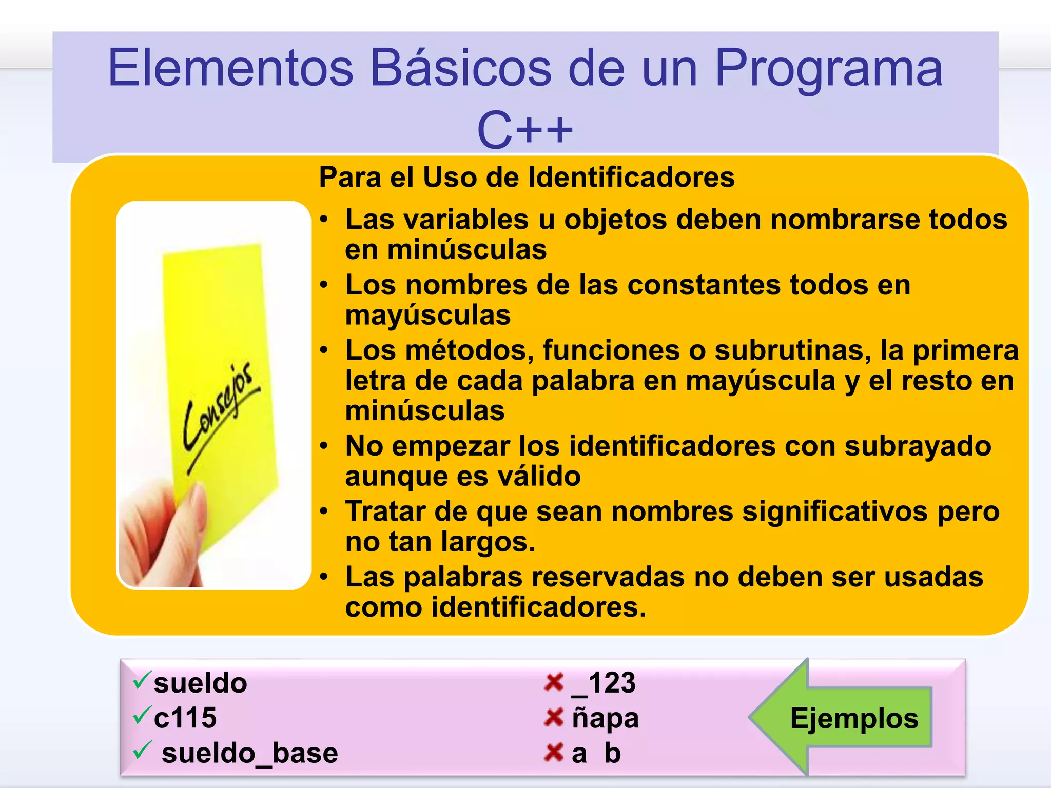 Elementos Básicos de un Programa
C++
Para el Uso de Identificadores
• Las variables u objetos deben nombrarse todos
en minúsculas
• Los nombres de las constantes todos en
mayúsculas
• Los métodos, funciones o subrutinas, la primera
letra de cada palabra en mayúscula y el resto en
minúsculas
• No empezar los identificadores con subrayado
aunque es válido
• Tratar de que sean nombres significativos pero
no tan largos.
• Las palabras reservadas no deben ser usadas
como identificadores.
sueldo
c115
 sueldo_base
_123
ñapa
a b
Ejemplos
 