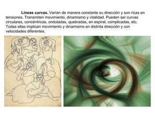 Líneas curvas.  Varían de manera constante su dirección y son ricas en tensiones. Transmiten movimiento, dinamismo y vitalidad. Pueden ser curvas circulares, concéntricas, onduladas, quebradas, en espiral, complicadas, etc. Todas ellas implican movimiento y dinamismo en distinta dirección y con velocidades diferentes. 