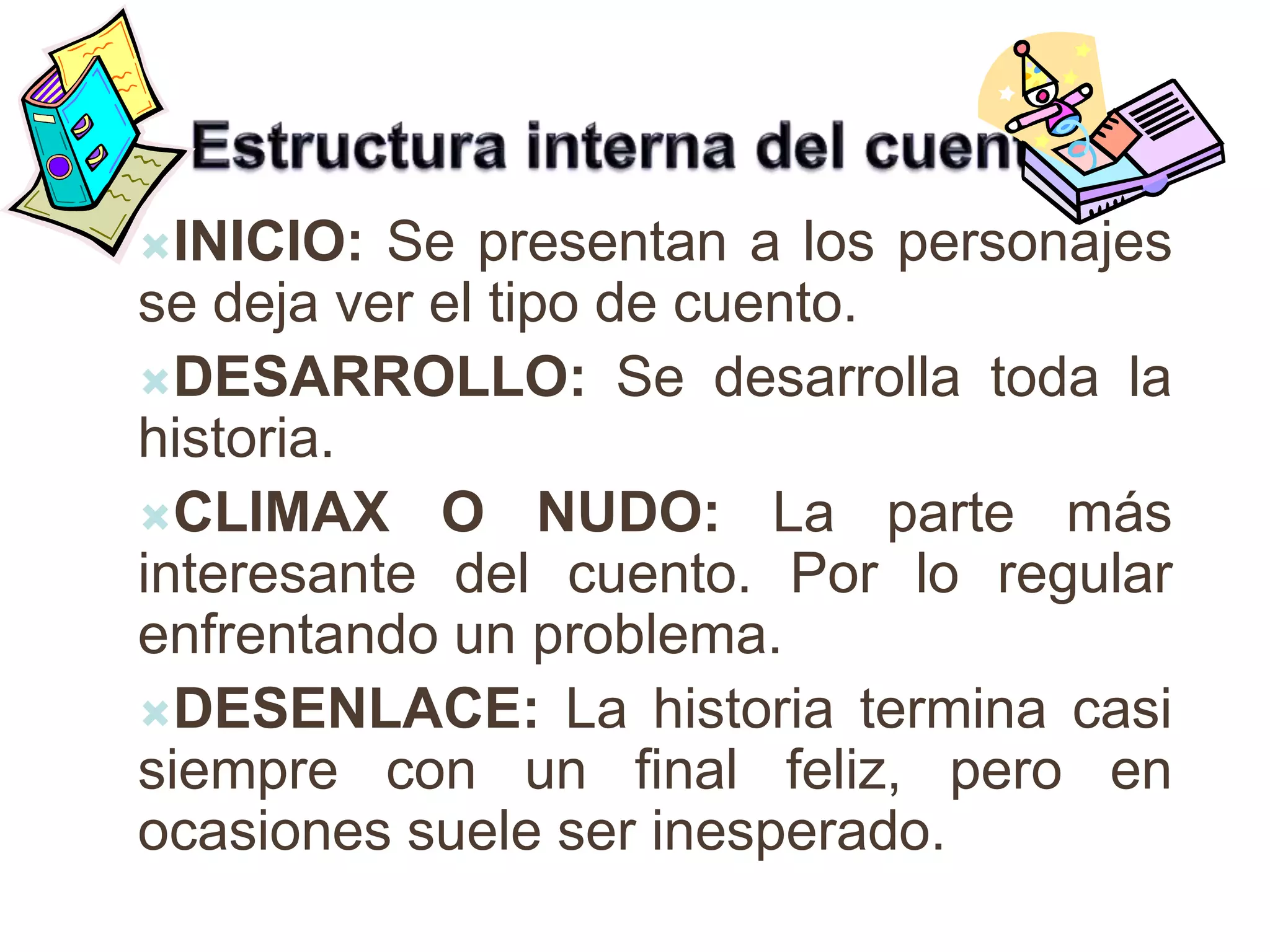INICIO: Se presentan a los personajes
se deja ver el tipo de cuento.
DESARROLLO: Se desarrolla toda la
historia.
CLIMAX O NUDO: La parte más
interesante del cuento. Por lo regular
enfrentando un problema.
DESENLACE: La historia termina casi
siempre con un final feliz, pero en
ocasiones suele ser inesperado.