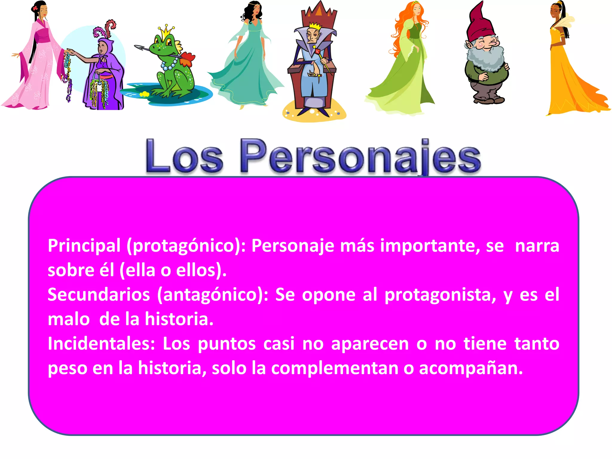 Principal (protagónico): Personaje más importante, se narra
sobre él (ella o ellos).
Secundarios (antagónico): Se opone al protagonista, y es el
malo de la historia.
Incidentales: Los puntos casi no aparecen o no tiene tanto
peso en la historia, solo la complementan o acompañan.