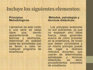 Incluye los siguientes elementos:
• Principios                 • Métodos, estrategias y
  Metodológicos                técnicas didácticas:

 Llamamos de este modo          Los principios anteriores
 a una serie de ideas         no son suficientes, ya que
 clave     que,     siendo    no expresan sino ideas
 aparentemente         muy    fuerza, ideas generales
 teóricas y abstractas,       acerca de cómo proceder
 determinan en realidad       en la enseñanza, de modo
 todas las actividades que    que deben concretarse y
 se llevan a cabo en          un mismo principio puede
 cualquier programa de        dar lugar a diversos
 enseñanza.                   métodos docentes, que
                              usarán de determinadas
                              estrategias y técnicas
                              didácticas,    es    decir,
                              procedimientos concretos
                              de enseñanza.
 