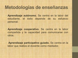 Metodologías de enseñanzas
• Aprendizaje autónomo. Se centra en la labor del
  estudiante, el éxito depende de su esfuerzo
  personal.

• Aprendizaje cooperativo. Se centra en la labor
  compartida y la capacidad para comunicarse con
  otros.

• Aprendizaje participativo guiado. Se centra en la
  labor que realiza el docente como mediador.
 