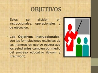 OBJETIVOS
 Éstos       se     dividen    en
 instruccionales, operacionales y
 de ejecución:

• Los Objetivos Instruccionales,
  son las formulaciones explícitas de
  las maneras en que se espera que
  los estudiantes cambien por medio
  del proceso educativo (Bloom y
  Krathwohl).
 