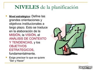 Nivel estratégico :   Define las grandes orientaciones y objetivos institucionales a largo plazo. Esto se traduce en la elaboración de la  MISIÓN , la  VISIÓN , el  ANÁLISIS DE CONTEXTO Y TENDENCIAS , y los  OBJETIVOS ESTRATEGICOS , fundamentalmente. Exige precisar lo que se quiere “Ser y Hacer” NIVELES  de la planificación 