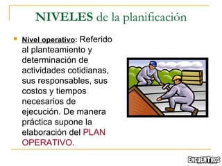Nivel operativo :   Referido al planteamiento y determinación de actividades cotidianas, sus responsables, sus costos y tiempos necesarios de ejecución. De manera práctica supone la elaboración del  PLAN OPERATIVO . NIVELES  de la planificación 