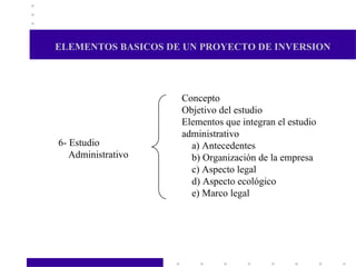 ELEMENTOS BASICOS DE UN PROYECTO DE INVERSION Concepto Objetivo del estudio Elementos que integran el estudio administrativo a) Antecedentes b) Organización de la empresa c) Aspecto legal d) Aspecto ecológico e) Marco legal 6- Estudio  Administrativo 