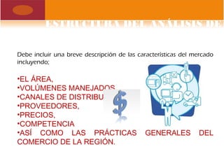 ESTRUCTURA DEL ANÁLISIS DE
MERCADO
Debe incluir una breve descripción de las características del mercado
incluyendo;
•EL ÁREA,
•VOLÚMENES MANEJADOS,
•CANALES DE DISTRIBUCIÓN,
•PROVEEDORES,
•PRECIOS,
•COMPETENCIA
•ASÍ COMO LAS PRÁCTICAS GENERALES DEL
COMERCIO DE LA REGIÓN.
 