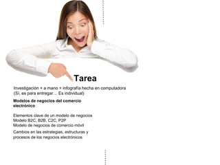 Tarea
Modelos de negocios del comercio
electrónico
Elementos clave de un modelo de negocios
Modelo B2C, B2B, C2C, P2P
Modelo de negocios de comercio móvil
Cambios en las estrategias, estructuras y
procesos de los negocios electrónicos
Investigación + a mano + infografía hecha en computadora
(Sí, es para entregar… Es individual)
 