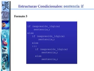 Formato 3 if (expresión_lógica)  sentencia 1 ; else if (expresión_lógica)  sentencia 2 ; else ::: if (expresión_lógica) sentencia 3 ; else   sentencia n ; 