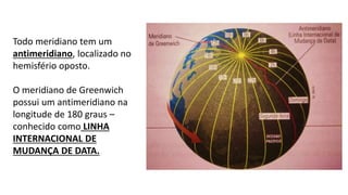 Todo meridiano tem um
antimeridiano, localizado no
hemisfério oposto.
O meridiano de Greenwich
possui um antimeridiano na
longitude de 180 graus –
conhecido como LINHA
INTERNACIONAL DE
MUDANÇA DE DATA.
 