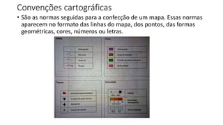 Convenções cartográficas
• São as normas seguidas para a confecção de um mapa. Essas normas
aparecem no formato das linhas do mapa, dos pontos, das formas
geométricas, cores, números ou letras.
 
