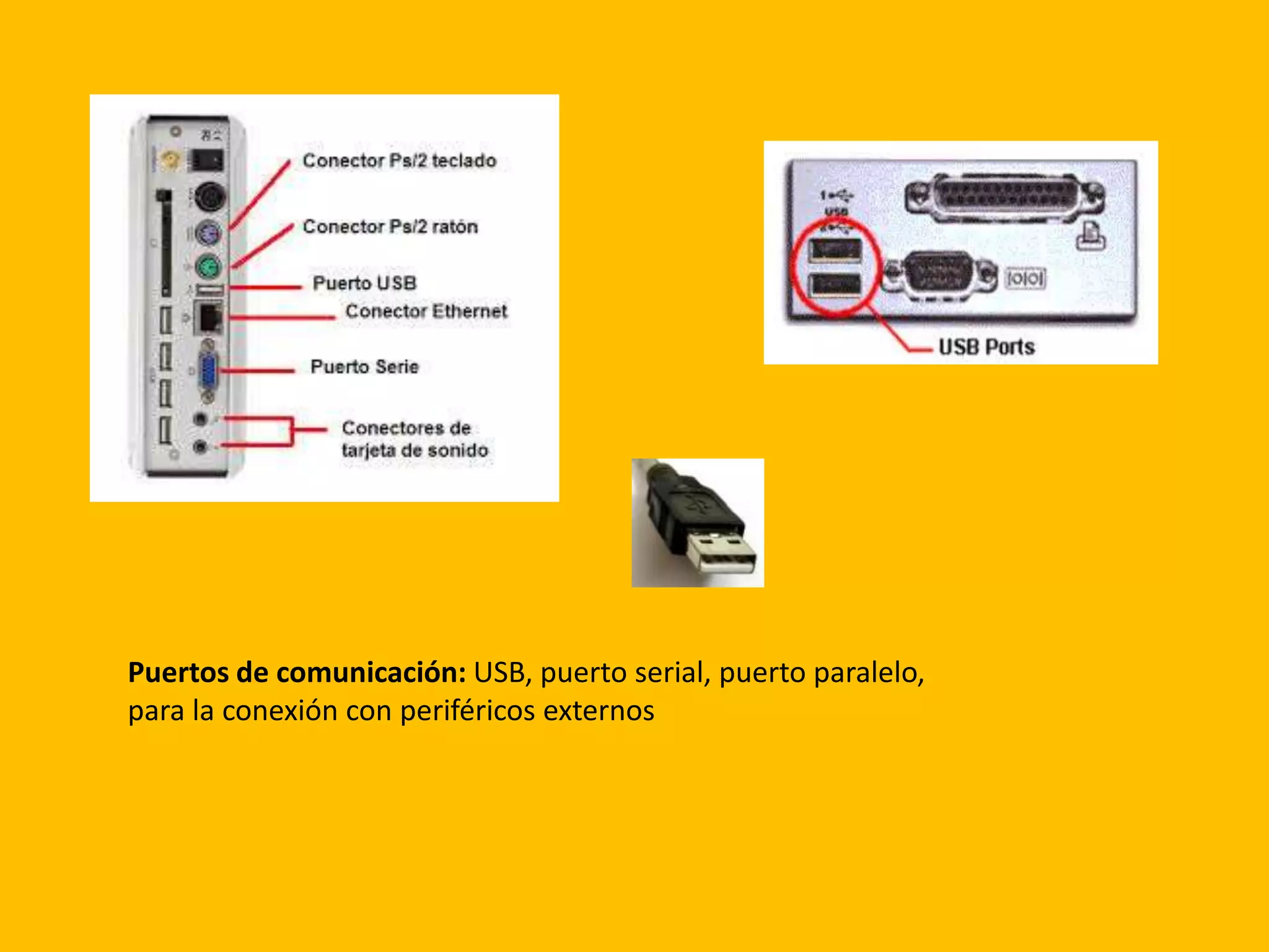 Puertos de comunicación: USB, puerto serial, puerto paralelo,
para la conexión con periféricos externos
 