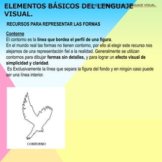ELEMENTOS BÁSICOS DEL LENGUAJE 
VISUAL. 
ELEMENTOS BÁSICOS DEL LENGUAJE VISUAL. 
RECURSOS PARA REPRESENTAR LAS FORMAS 
Contorno 
El contorno es la línea que bordea el perfil de una figura. 
En el mundo real las formas no tienen contorno, por ello al elegir este recurso nos 
alejamos de una representación fiel a la realidad. Generalmente se utilizan 
contornos para dibujar formas sin detalles, y para lograr un efecto visual de 
simplicidad y claridad. 
Es Exclusivamente la línea que separa la figura del fondo y en ningún caso puede 
ser una línea interior. 
 