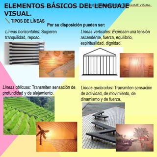 ELEMENTOS BÁSICOS DEL LENGUAJE 
VISUAL. 
ELEMENTOS BÁSICOS DEL LENGUAJE VISUAL. 
TIPOS DE LÍNEAS 
Por su disposición pueden ser: 
Líneas horizontales: Sugieren 
tranquilidad, reposo. 
Líneas verticales: Expresan una tensión 
ascendente, fuerza, equilibrio, 
espiritualidad, dignidad. 
Líneas quebradas: Transmiten sensación 
de actividad, de movimiento, de 
dinamismo y de fuerza. 
Líneas oblicuas: Transmiten sensación de 
profundidad y de alejamiento. 
 