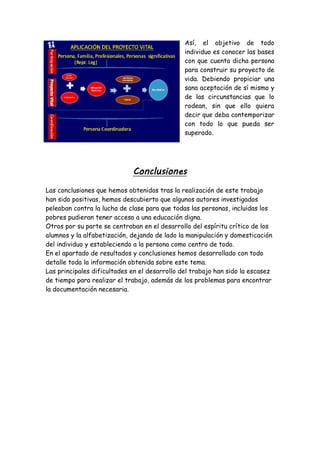Así, el objetivo de todo
individuo es conocer las bases
con que cuenta dicha persona
para construir su proyecto de
vida. Debiendo propiciar una
sana aceptación de sí mismo y
de las circunstancias que lo
rodean, sin que ello quiera
decir que deba contemporizar
con todo lo que pueda ser
superado.
Conclusiones
Las conclusiones que hemos obtenidos tras la realización de este trabajo
han sido positivas, hemos descubierto que algunos autores investigados
peleaban contra la lucha de clase para que todas las personas, incluidas los
pobres pudieran tener acceso a una educación digna.
Otros por su parte se centraban en el desarrollo del espíritu crítico de los
alumnos y la alfabetización, dejando de lado la manipulación y domesticación
del individuo y estableciendo a la persona como centro de todo.
En el apartado de resultados y conclusiones hemos desarrollado con todo
detalle toda la información obtenida sobre este tema.
Las principales dificultades en el desarrollo del trabajo han sido la escasez
de tiempo para realizar el trabajo, además de los problemas para encontrar
la documentación necesaria.
 
