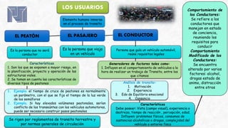 LOS USUARIOS
Elemento humano inmerso
en el proceso de transito
EL PEATÓN EL PASAJERO
Persona que guía un vehículo automóvil,
reúne requisitos legales
Es la persona que viaja
en un vehículo
Generadores de factores tales como:
1. Influyen en el comportamiento de vehículos a la
hora de realizar un trabajo de Transito, entre los
que citamos
Análisis de transito:
1. Motivación
2. Experiencia
3. Edo de Equilibrio emocional
4. Cansancio
Características
Debe poseer: Vista (campo visual), experiencia o
destreza, tiempo de reacción , percepción, edad.
Influyen: problemas físicos, consumos de
sustancias alcohólicas o drogas, complejidad del
vehículo o entorno fisco
EL CONDUCTOR
Es la persona que no será
conductor
Características
1. Son los que se exponen a mayor riesgo, en
la planificación, proyecto y operación de las
estructuras viales.
2. Se toman en cuenta las características de
diversos tipos de peatones
1. Ejemplo: el tiempo de cruce de peatones es normalmente
un parámetro, con el que se fija el tiempo de la luz verde
de los semáforos
2. Ejemplo. Si hay elevados volúmenes peatonales, serían
conflicto de los transeúntes con los vehículos automotores,
puede ser necesario construir pasos peatonales
Se rigen por reglamentos de transito terrestre y
por normas generales de circulación
Comportamiento de
los Conductores:
Se refiere a los
conductores que
manejan en estado
de conciencia,
reuniendo los
requisitos para
conducir
Comportamiento
Modificado de los
Conductores:
Se encuentra
alterado por varios
factores: alcohol,
drogas estado de
animo, distracción
entre otros
 