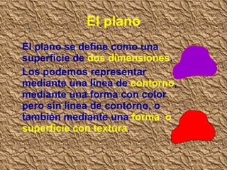 El plano El plano se define como una superficie de  dos dimensiones . Los podemos representar mediante una línea de  contorno , mediante una forma con color pero sin línea de contorno, o también mediante una  forma  o superficie con textura . 