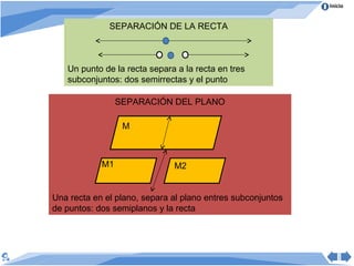 Inicio


              SEPARACIÓN DE LA RECTA



   Un punto de la recta separa a la recta en tres
   subconjuntos: dos semirrectas y el punto

                 SEPARACIÓN DEL PLANO

                  M



            M1                M2


Una recta en el plano, separa al plano entres subconjuntos
de puntos: dos semiplanos y la recta
 