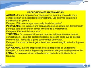 Inicio




                     PROPOSICIONES MATEMÁTICAS
AXIOMA.- Es una proposición evidente por sí misma y aceptada por el
sentido común sin necesidad de demostrarla. Los axiomas tratan de la
matemática en general.
Ejemplo: “El todo es mayor que cualquier de las partes”
POSTULADO.- Es también una proposición que se acepta sin demostración
pero que trata de sobre un campo limitado de la matemática.
Ejemplo.- “Existen infinitos puntos”.
TEOREMA.- Es una proposición que para ser evidente requiere de una
demostración. Tiene dos partes: Hipótesis, que es la parte que se acepta
como verdad. Tesis: Es la parte que se debe demostrar.
Ejemplo: “La suma de los ángulos interiores de un triángulo vale dos ángulos
rectos.
COROLARIO.- Es una proposición que se desprende de un teorema.
Ejemplo: La suma de los ángulos agudos de un triángulo rectángulo vale 90°
LEMA.- Es una proposición utilizada como parte de la hipótesis de un
teorema.
 