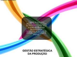 A gestão da produção é
diferente para cada paradigma
de manufatura. A gestão eficaz
é aquela que atende aos
elementos chaves,
consolidando os resultados da
produção com a estratégia da
empresa.
GESTÃO ESTRATÉGICA
DA PRODUÇÃO
Joaquim A. de S. Ribeiro
 