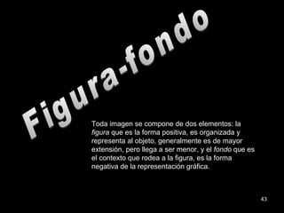 Figura-fondo Toda imagen se compone de dos elementos: la  figura  que es la forma positiva, es organizada y representa al objeto, generalmente es de mayor extensión, pero llega a ser menor, y el  fondo  que es el contexto que rodea a la figura, es la forma negativa de la representación gráfica. 