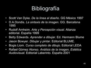 Bibliografía Scott Van Dyke.  De la línea al diseño . GG México 1997 D.A.Dondis.  La sintaxis de la imagen . GG. Barcelona 1995 Rudolf Arnheim .  Arte y Percepción visual . Alianza editorial. España 1999 Betty Edwards.  Aprender a  dibujar . Ed. Hermann Blume Jason Bowyer.  Dibujar y pintar . Editorial BLUME.  Bogis Liom.  Curso completo de dibujo . Editorial LEDA Rafael Gómez Alonso.  Análisis de la imagen, Estética Audiovisual.  Editorial Laberinto. España 2001 