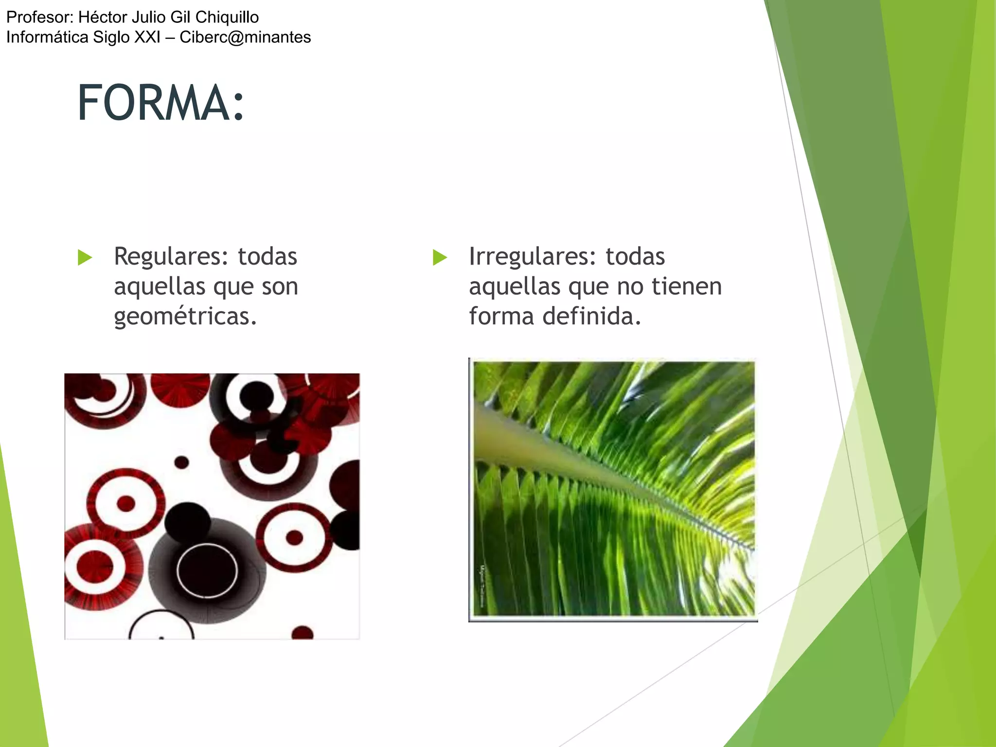 Profesor: Héctor Julio Gil Chiquillo
Informática Siglo XXI – Ciberc@minantes
FORMA:
 Regulares: todas
aquellas que son
geométricas.
 Irregulares: todas
aquellas que no tienen
forma definida.
 