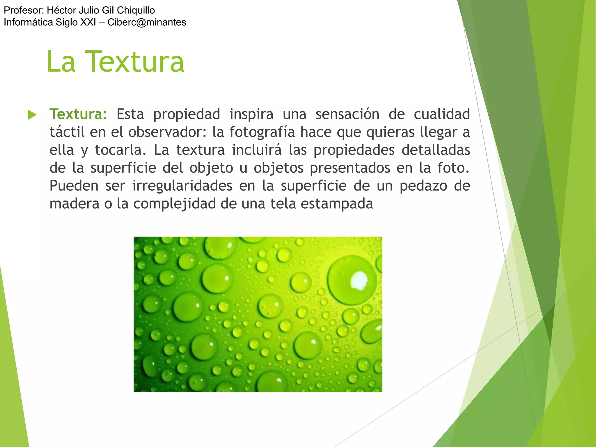 Profesor: Héctor Julio Gil Chiquillo
Informática Siglo XXI – Ciberc@minantes
La Textura
 Textura: Esta propiedad inspira una sensación de cualidad
táctil en el observador: la fotografía hace que quieras llegar a
ella y tocarla. La textura incluirá las propiedades detalladas
de la superficie del objeto u objetos presentados en la foto.
Pueden ser irregularidades en la superficie de un pedazo de
madera o la complejidad de una tela estampada
 