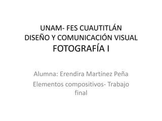 UNAM- FES CUAUTITLÁN
DISEÑO Y COMUNICACIÓN VISUAL
FOTOGRAFÍA I
Alumna: Erendira Martínez Peña
Elementos compositivos- Trabajo
final
 