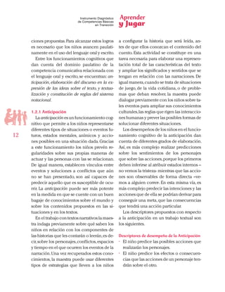Aprender
y Jugar
12
Instrumento Diagnóstico
de Competencias Básicas
en Transición
ciones propuestas.Para alcanzar estos logros
es necesario que los niños avancen paulati-
namente en el uso del lenguaje oral y escrito.
Entre los funcionamientos cognitivos que
dan cuenta del dominio paulatino de la
competencia comunicativa relacionada con
el lenguaje oral y escrito, se encuentran: an-
ticipación, elaboración del discurso en la ex-
presión de las ideas sobre el texto, y textua-
lización y constitución de reglas del sistema
notacional.
1.2.1 Anticipación
La anticipación es un funcionamiento cog-
nitivo que permite a los niños representarse
diferentes tipos de situaciones o eventos fu-
turos, estados mentales, anímicos y accio-
nes posibles en una situación dada.Gracias
a este funcionamiento los niños prevén re-
gularidades sobre sus propias maneras de
actuar y las personas con las se relacionan.
De igual manera, establecen vínculos entre
eventos y soluciones a conflictos que aún
no se han presentado, son así capaces de
predecir aquello que es susceptible de ocu-
rrir. La anticipación puede ser más potente
en la medida en que se cuente con un buen
bagaje de conocimientos sobre el mundo y
sobre los contenidos propuestos en las si-
tuaciones y en los textos.
En el trabajo con textos narrativos la maes-
tra indaga previamente sobre qué saben los
niños en relación con los componentes de
las historias que les contarán o leerán,es de-
cir,sobre los personajes,conflictos,espacios
y tiempo en el que ocurren los eventos de la
narración.Una vez recuperados estos cono-
cimientos, la maestra puede usar diferentes
tipos de estrategias que lleven a los niños
a configurar la historia que será leída, an-
tes de que ellos conozcan el contenido del
cuento. Esta actividad se constituye en una
tarea necesaria para elaborar una represen-
tación total de las características del texto
y ampliar los significados y sentidos que se
tengan en relación con las narraciones. De
igual manera,cuando se trata de situaciones
de juego, de la vida cotidiana, o de proble-
mas que deban resolver, la maestra puede
dialogar previamente con los niños sobre ta-
les eventos para ampliar sus conocimientos
culturales,las reglas que rigen las interaccio-
nes humanas y prever las posibles formas de
solucionar diferentes situaciones.
Los desempeños de los niños en el funcio-
namiento cognitivo de la anticipación dan
cuenta de diferentes grados de elaboración.
Así, es más complejo realizar predicciones
sobre los sentimientos de los personajes
que sobre las acciones,porque los primeros
deben inferirse al atribuir estados internos –
no vemos la tristeza- mientras que las accio-
nes son observables de forma directa –ve-
mos a alguien correr-. En esta misma vía, es
más complejo predecir las intenciones y las
acciones que de ella se podrían derivar para
conseguir una meta,que las consecuencias
que tendrá una acción particular.
Los descriptores propuestos con respecto
a la anticipación en un trabajo textual son
los siguientes.
Descriptores de desempeño de la Anticipación
•	 El niño predice las posibles acciones que
realizarán los personajes.
•	 El niño predice los efectos o consecuen-
cias que las acciones de un personaje ten-
drán sobre el otro.
 
