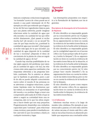 Aprender
y Jugar
30
Instrumento Diagnóstico
de Competencias Básicas
en Transición
tesis son conjeturas o relaciones imaginadas
“en borrador”acerca de cómo puede ser el
mundo o una parte interesante de él. Por
ejemplo,un niño que entiende que el agua y
la luz del Sol son ingredientes básicos para
que una planta sobreviva, puede imaginar
relaciones sobre la cantidad de agua que
ella necesita o la cantidad de luz que debe
recibir diariamente. ¿Qué pasará si recibe
mucha luz? ¿Se secará o no se secará? En
caso de que haya mucha luz, ¿cambiará la
cantidad de agua que necesite? ¿Qué pasará
si recibe más agua de la que necesita? ¿La
cantidad de agua depende de la cantidad
de luz o viceversa? ¿Depende el ritmo de
crecimiento de la planta de cómo se regule
la cantidad de agua y de luz?
Cuando hay muchas posibilidades de va-
riar algún aspecto del problema (por ejem-
plo, la cantidad de agua o de luz), las rela-
ciones entre estos aspectos cambiarán y las
respuestas obtenidas a las preguntas tam-
bién cambiarán. Por lo anterior se afirma
que la hipótesis es generativa, pues a par-
tir de ella se puede adquirir conocimiento
nuevo sobre el mundo. Si las personas no
se atrevieran a imaginar relaciones, a plan-
tearse hipótesis entre los fenómenos que
las rodean, no avanzarían en el aprendizaje
del mundo, o no podrían llegar a tener una
comprensión adecuada de él.Sólo el que se
atreve a seguir su curiosidad tiene una re-
compensa, esto es lo que los niños empie-
zan a hacer desde que son muy pequeños.
Progresivamente desarrollan una verdadera
capacidad para “curiosear”, para relacionar
cosas,eventos y para predecir resultados,so-
bre casi todo lo que encuentran a diario,en
cualquier momento y lugar.
Los desempeños propuestos con respec-
to a la Formulación de hipótesis, son los si-
guientes:
Descriptores de desempeño de la Formulación
de Hipótesis
•	 El niño identifica un responsable guiado
por su conocimiento previo (ej.“el pájaro
porque ellos vuelan y tumban las cosas”).
En su argumentación no tiene en cuenta
la evidencia de las restricciones físicas,ni
la evidencia de la huella sobre la lámpara.
•	 El niño identifica un responsable guiado
por la contigüidad espacial con el suceso
crítico (ej.“el pez porque salta de la pece-
ra y tumba la lámpara”). En su argumen-
tación no tiene en cuenta la evidencia de
las restricciones físicas de la situación, ni
la evidencia de la huella sobre la lámpara.
•	 El niño identifica un responsable guiado
por su conocimiento previo (ej.“el niño
porque hace mucho desorden”). En su
argumentación tiene en cuenta la eviden-
cia de las restricciones físicas,pero no tie-
ne en cuenta la evidencia de la huella so-
bre la lámpara.
•	 El niño identifica al perro como respon-
sable del suceso crítico. En su argumen-
tación tiene en cuenta la evidencia de la
huella sobre la lámpara y la evidencia de
las restricciones físicas.
1.5.2 Inferencia
Inferimos muchas veces a lo largo de
nuestra vida cotidiana. Por ejemplo, si que-
remos salir a pasear y el cielo está cubierto
de nubes oscuras, el viento está frío y ade-
más se escuchan truenos,es altamente pro-
bable que saquemos una conclusión sobre
 