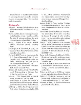 33
Elementos conceptuales
En el Gráfico 6 se muestra la relación en-
tre las competencias básicas, los funciona-
mientos mentales previstos y los descripto-
res de desempeño.
Bibliografía
Astington,J.W.(1998).Theory of minds go to
school.Educational Leadership.Vol 56 (3),
46-48.
Bruner, J. (1996). Dos modos de pensamien-
to.En Realidad mental y mundos posibles.
Los actos de la imaginación que dan senti-
do a la experiencia.Barcelona:Gedisa
Bruner, J. (1986). Actual minds, possible
worlds. Cambridge: Harvard University
Press.
Calsamiglia, H. & Tusón Valls, A. (2001). Las
cosas del decir.Manual de análisis del dis-
curso.Barcelona:Ariel.
Correa,M.(2003).Yo me sé el cuento de...En
B. C. Orozco Hormaza (Comp.), El niño:
científico, lector y escritor, matemático (pp.
99-131). Santiago de Cali: Artes Gráficas
delValle Editores-Impresores Ltda.
Dehaene, S. (1997). The number sense. New
York.Oxford University Press.
Gelman, R. & Gallistel, C. R. (1978). The Chil-
dren’s Understanding of Number, Cam-
bridge,Harvard University Press.
Jolibert, J. (1991). Formar niños lectores de
textos.Santiago de Chile:Hachette
Karmiloff-Smith, A. (1994). Más allá de la
modularidad: la ciencia cognitiva desde la
perspectiva del desarrollo. Madrid:Alianza.
Kohlberg, L. (1985). Resolving moral con-
flicts within the just community. En: Gibb,
C. (Ed.). Moral dilemmas. Philosophical
and psychological issues in the develop-
ment of moral reasoning. Chicago: Prece-
dent Publishing.
Valsiner, J. (1997). Culture and the Develop-
ment of Children’s Action.A Theory of Hu-
man Development,John Wiley & Sons,Inc.,
NewYork.
Orozco,M.& Otálora,Y.(2003).Las competen-
cias matemáticas de los niños pequeños.
En Orozco, B. (comp.) El niño: científico,
lector y escritor,matemático.Artes gráficas
delValle Editores-impresores Ltda.
Otálora,Y. (2005). Enseñanza de la matemá-
tica de preescolar a segundo de primaria.
Construcción de la operación aditiva.Me-
morias del XV Encuentro de Geometría y III
Encuentro de Aritmética. Santafé de Bogo-
tá,507-529 vol.2.
Puche N.,R.,Colinvaux,D.,& Dibar,C.(2001).
El niño que piensa. Un Modelo de forma-
ción de maestros. Cali: Artes Gráficas del
Valle Editores.
Puche N., R., (2001). Mutaciones, Metáforas
y Humor Visual en el Niño. En Rosas, R.
(comp.) La mente reconsiderada. Edicio-
nes Psykhe.
Riviere, A. & Núñez, M. (1996). La mirada
mental.Argentina.Aique Grupo Editor S.A.
Steffe, L. (1990). Cómo construye el niño la
significación de los términos aritméticos.
Cuadernos de psicología 11,1:107 – 160.
Thornton, S. (1998). La resolución infantil de
problemas,Madrid,Morata.
 