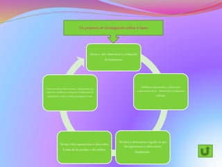 Un proyecto de investigación utiliza 5 fases:
Llevan a cabo observación y evaluación
de fenómenos.
Establecen suposiciones o ideas como
consecuencia de la observación y evaluación
realizada.
Prueban y demuestran el grado en que
las suposiciones o ideas tienen
fundamento.
Revisan tales suposiciones o ideas sobre
la base de las pruebas o del análisis.
Proponen nuevas observaciones y evaluaciones para
esclarecer, modificar, cimentar y/o fundamentar las
suposiciones e ideas; o incluso para generar otras.
 