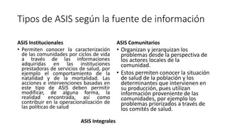 Tipos de ASIS según la fuente de información
ASIS Institucionales
• Permiten conocer la caracterización
de las comunidades por ciclos de vida
a través de las informaciones
adquiridas en las instituciones
prestadoras de servicios de salud, por
ejemplo el comportamiento de la
natalidad y de la mortalidad. Las
acciones e intervenciones basadas en
este tipo de ASIS deben permitir
modificar, de alguna forma, la
realidad encontrada, así como
contribuir en la operacionalización de
las políticas de salud
ASIS Comunitarios
• Organizan y jerarquizan los
problemas desde la perspectiva de
los actores locales de la
comunidad.
• Estos permiten conocer la situación
de salud de la población y los
determinantes que intervienen en
su producción, pues utilizan
información proveniente de las
comunidades, por ejemplo los
problemas priorizados a través de
los comités de salud.
ASIS Integrales
 