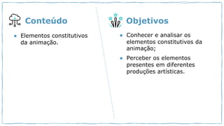 ● Elementos constitutivos
da animação.
● Conhecer e analisar os
elementos constitutivos da
animação;
● Perceber os elementos
presentes em diferentes
produções artísticas.
Conteúdo Objetivos
 