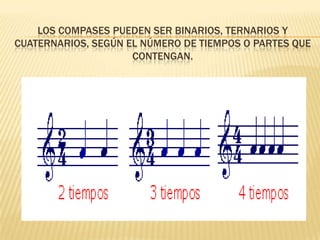 Los compases pueden ser BINARIOS, TERNARIOS y CUATERNARIOS, según el número de tiempos o partes que contengan.