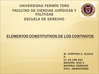 UNIVERSIDAD FERMÍN TORO
FACULTAD DE CIENCIAS JURÍDICAS Y
POLÍTICAS
ESCUELA DE DERECHO
Br. STEFFANI C. ALCALÁ
P.
CI: 24.158.331
SECCIÓN: SAIA A
MATERIA: DERECHO
CIVIL. OBIGACIONES
 