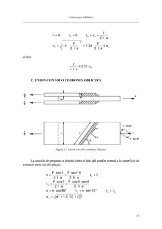 Uniones por soldadura
47
u
2
c
aan
al2
F
34.1
al2
F
8.1
al2
F
t00n
σ≤
⋅⋅
⋅=





⋅⋅
⋅=σ
⋅⋅
=τ==τ=
o bien
F
l a
u
2
0 75
⋅ ⋅
≤ ⋅. σ
C. UNION CON SOLO CORDONES OBLICUOS.
Figura 23: Unión con sólo cordones oblicuos.
La sección de garganta se abatirá sobre el lado del cordón normal a la superficie de
contacto entre las dos piezas:
( )2
a
2
n
2
c
aan
a
n
2
8.1
t45senn45cosn
ah2
sencosF
al2
cosF
t
0t
ah2
senF
al2
senF
n
τ+τ⋅+σ=σ
=τ°⋅=τ°⋅=σ
⋅⋅
θ⋅θ⋅
=
⋅⋅
θ⋅
=
=
⋅⋅
θ⋅
=
⋅⋅
θ⋅
=
 