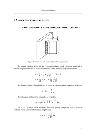 Uniones por soldadura
51
8.2. SOLICITACIONES A FLEXION
A. UNION CON SOLO CORDONES FRONTALES LONGITUDINALES
Figura 25: Unión con sólo cordones frontales longitudinales.
La tensión máxima producida por el momento flector puede calcularse abatiendo la
sección de garganta sobre el plano del lado del cordón paralelo al eje de momento:
n
M
W
F
e
a L
n
F e
a L
n
= = ⋅ ⋅
⋅
=
= ⋅ = = ⋅
⋅
⋅
2
6
0
1
2
3
2
2
2
tn
σ τ
La tensión tangencial originada por el esfuerzo cortante puede suponerse uniforme:
t
F
a L
a a= =
⋅ ⋅
τ
2
Combinando las tensiones obtenidas se obtendrá:
( ) u
2
a
2
n
2
c 8.1 σ≤τ+τ⋅+σ=σ
Si e >>L, es decir, si el momento flector es grande comparado con el esfuerzo
cortante, puede utilizarse la fórmula simplificada:
σ σc u
F e
a L
= ⋅
⋅
⋅
≤3 55 2
.
 