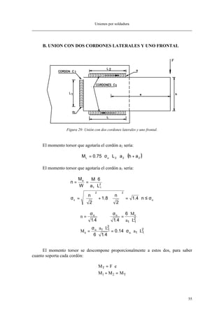Uniones por soldadura
55
B. UNION CON DOS CORDONES LATERALES Y UNO FRONTAL
Figura 29: Unión con dos cordones laterales y uno frontal.
El momento torsor que agotaría el cordón a2 sería:
( )222uL ahaL75.0M +⋅⋅⋅σ⋅=
El momento torsor que agotaría el cordón a1 sería:
u
22
c
2
11
e
n4.1
2
n
8.1
2
n
La
6M
W
M
n
σ≤⋅=





⋅+





=σ
⋅
⋅
==
n
M
a L
M
a L
a L
u u c
e
u
u
= =
⋅
⋅
=
⋅ ⋅
⋅
= ⋅ ⋅ ⋅
σ σ
σ
σ
1 4 1 4
6
6 1 4
0 14
1 1
2
1 1
2
1 1
2
. .
.
.
El momento torsor se descompone proporcionalmente a estos dos, para saber
cuanto soporta cada cordón:
M F e
M M M
T
T
= ⋅
+ =1 2
 