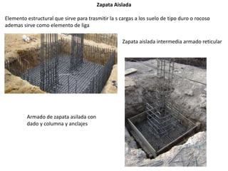 Zapata Aislada
Elemento estructural que sirve para trasmitir la s cargas a los suelo de tipo duro o rocoso
ademas sirve como elemento de liga
Zapata aislada intermedia armado reticular
Armado de zapata asilada con
dado y columna y anclajes
 