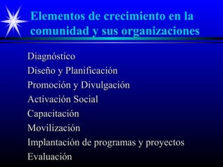 Elementos de crecimiento en la
comunidad y sus organizaciones
Diagnóstico
Diseño y Planificación
Promoción y Divulgación
Activación Social
Capacitación
Movilización
Implantación de programas y proyectos
Evaluación
 