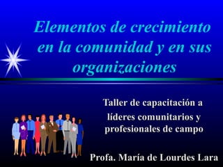 Elementos de crecimiento
en la comunidad y en sus
     organizaciones

         Taller de capacitación a
          líderes comunitarios y
         profesionales de campo

       Profa. María de Lourdes Lara
 