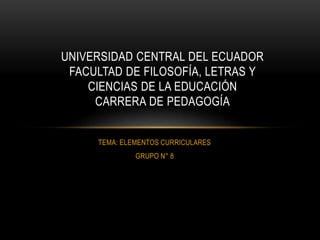 TEMA: ELEMENTOS CURRICULARES
GRUPO N° 8
UNIVERSIDAD CENTRAL DEL ECUADOR
FACULTAD DE FILOSOFÍA, LETRAS Y
CIENCIAS DE LA EDUCACIÓN
CARRERA DE PEDAGOGÍA
 
