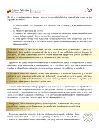 15
De allí la contextualización en tiempo y espacio como unidad dialéctica, materializada a partir de los
siguientes elementos:
1.	 La interculturalidad como fundamento de la construcción de la identidad y al respeto a la diversidad
cultural.
2.	 La integración política de los pueblos.
3.	 El episteme del pensamiento transformador y liberador latinoamericano: como piso originario en
materia de la construcción de una teoría pedagógica radical nacional.
4.	 La lucha por los valores éticos humanistas y derechos humanos: como expresión de uno de los
elementos constitutivos de la identidad venezolana que deben verse expresados en la formación de
la interculturalidad.
Considerar a la persona como un ser social colectivo, que no niega al ser individual pero lo trasciende.
Reafirmación de la condición humanista, el valor de la vida, el valor del trabajo creador y liberador, la
producción, así como la solidaridad, equidad, libertad, honestidad, cooperación, justicia, Igualdad son
referentes de las diversas comunidades en el desarrollo de la interculturalidad.
La geometría del poder, como necesidad histórica de materialización, donde se desprende que el saber
geohistórico es la esencia para la nueva geometría de la comunidad, siendo ésta una de la formas de
impulsar la educación intercultural para la construcción de un nuevo marco ético de la ciudadanía.
El principio de continuidad orgánica del ser social, entendiendo la educación intercultural y la noción
de historia como un proceso fundamental para la formación integral del ser humano que se materializa
en la sociedad a partir de las formaciones económico-sociales, políticas y culturales consagradas en la
Constitución de la República Bolivariana de Venezuela.
La escuela intercultural como el lugar geográfico que involucra al ser social desde sus especificidades
culturales en relaciones pluriculturales entre las comunidades. La institución escolar intercultural y la garantía
de la inclusión… “La escuela como el centro del quehacer comunitario y la comunidad como el centro del
quehacer educativo”. La escuela como el lugar donde se materializa el Estado docente y la construcción de
la ciudadanía fundada en la pluriculturalidad, en perspectiva geohistórica.
La integralidad, desde lo interdisciplinario y transdisciplinario, en el abordaje de todos los
componentes espacial-temporales para una nueva cultura de la participación protagónica y
corresponsable donde todos y todas:
- Conocen su espacio de producción de la vida cotidiana material, social y simbólica y deben
formarse para interpretarlo, comprenderlo, explicarlo y practicarlo desde la interculturalidad.
- Analizan su realidad intercultural, construida en colectivo y en la que conciben la solución
 