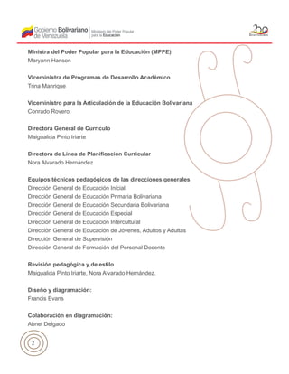 2
Ministra del Poder Popular para la Educación (MPPE)
Maryann Hanson
Viceministra de Programas de Desarrollo Académico
Trina Manrique
Viceministro para la Articulación de la Educación Bolivariana
Conrado Rovero
Directora General de Currículo
Maigualida Pinto Iriarte
Directora de Línea de Planiﬁcación Curricular
Nora Alvarado Hernández
Equipos técnicos pedagógicos de las direcciones generales
Dirección General de Educación Inicial
Dirección General de Educación Primaria Bolivariana
Dirección General de Educación Secundaria Bolivariana
Dirección General de Educación Especial
Dirección General de Educación Intercultural
Dirección General de Educación de Jóvenes, Adultos y Adultas
Dirección General de Supervisión
Dirección General de Formación del Personal Docente
Revisión pedagógica y de estilo
Maigualida Pinto Iriarte, Nora Alvarado Hernández.
Diseño y diagramación:
Francis Evans
Colaboración en diagramación:
Abnel Delgado
 