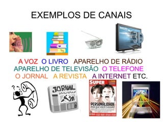 EXEMPLOS DE CANAIS A VOZ  O LIVRO  APARELHO DE RÁDIO   APARELHO DE TELEVISÃO   O TELEFONE   O JORNAL   A REVISTA   A INTERNET  ETC. 