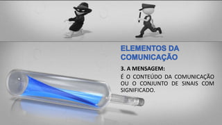 3. A MENSAGEM:
É O CONTEÚDO DA COMUNICAÇÃO
OU O CONJUNTO DE SINAIS COM
SIGNIFICADO.
 